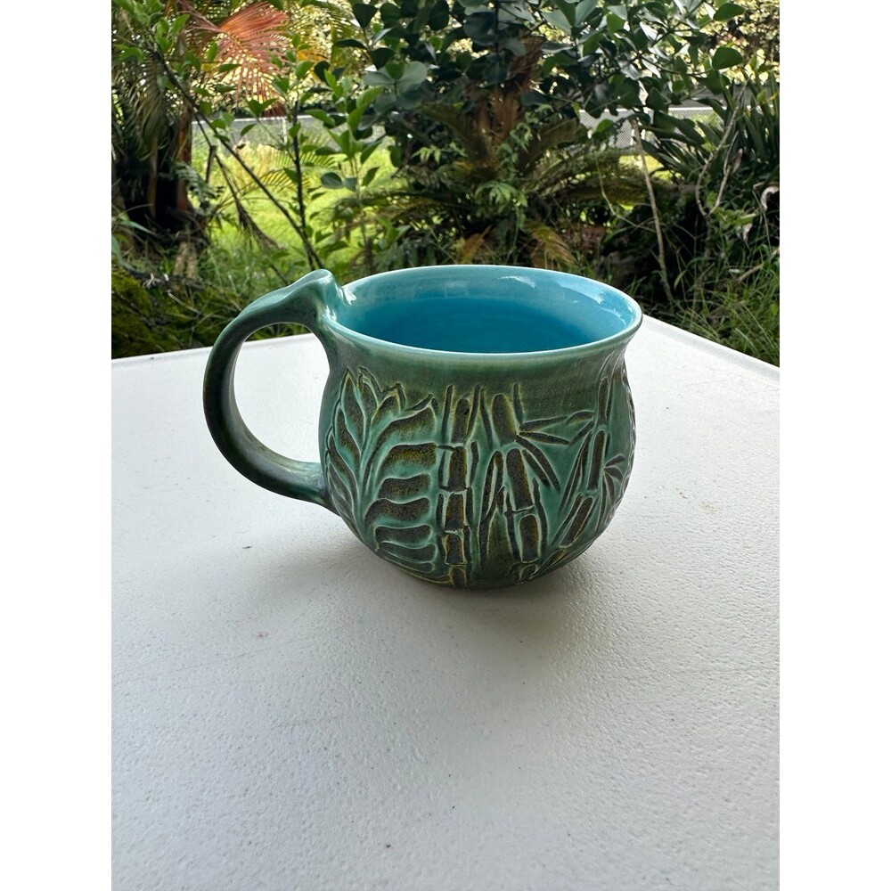 Handcrafted Engraved Embossed Bamboo Ceramic Pottery Coffee Mug Signed 2012